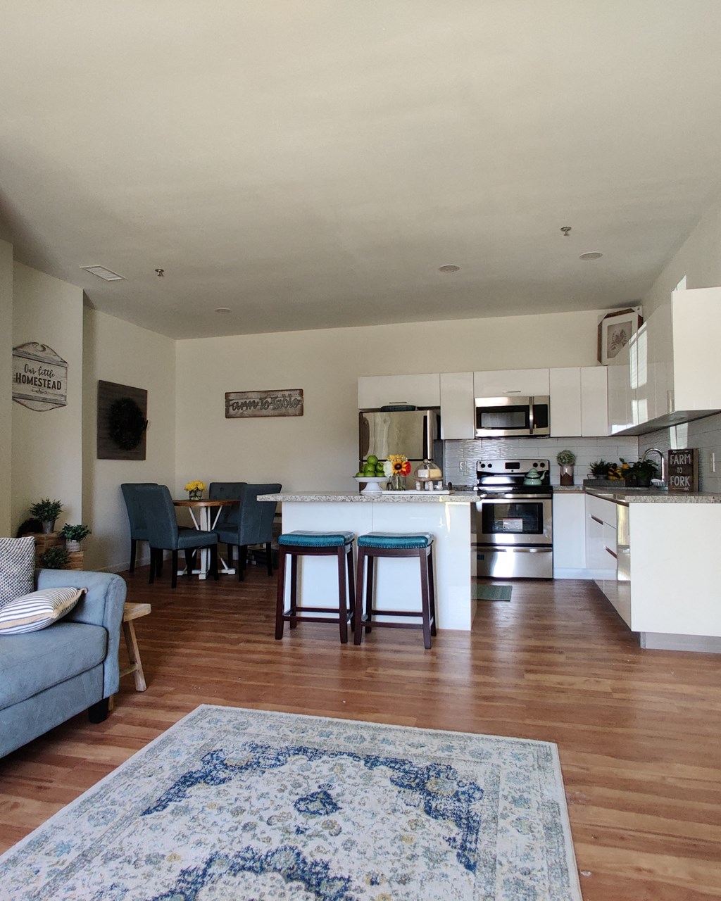 an open kitchen and living room with a blue rug