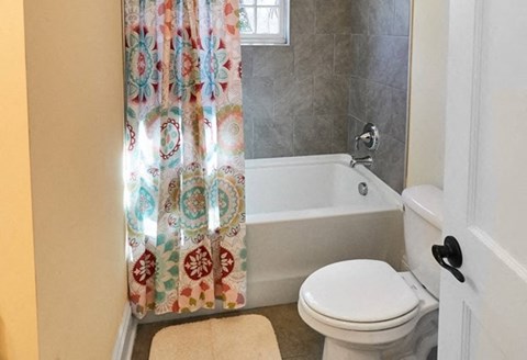 A white toilet sits next to a bathtub in a bathroom.