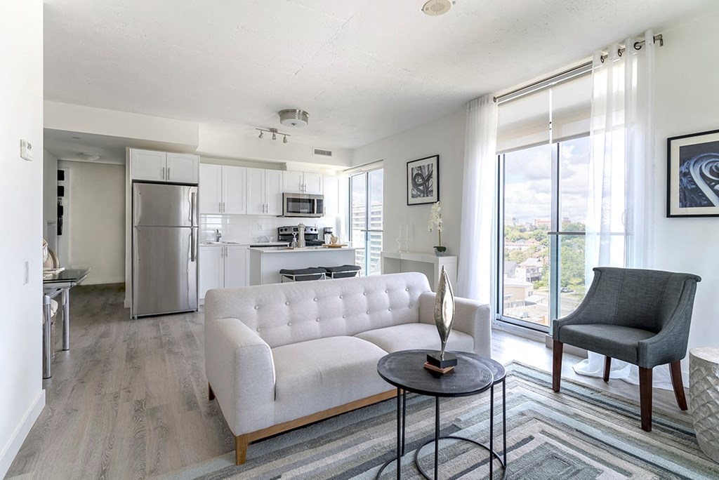 a living room with a couch and a table