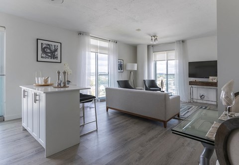 a living room with a couch and a table