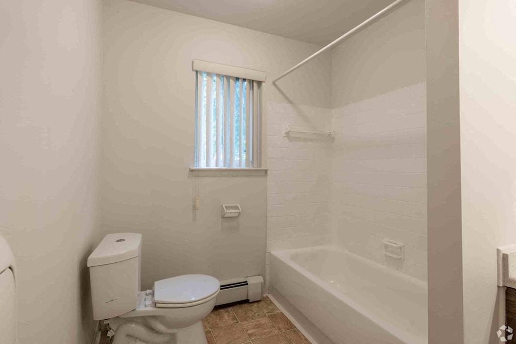 a bathroom with a toilet and a bath tub