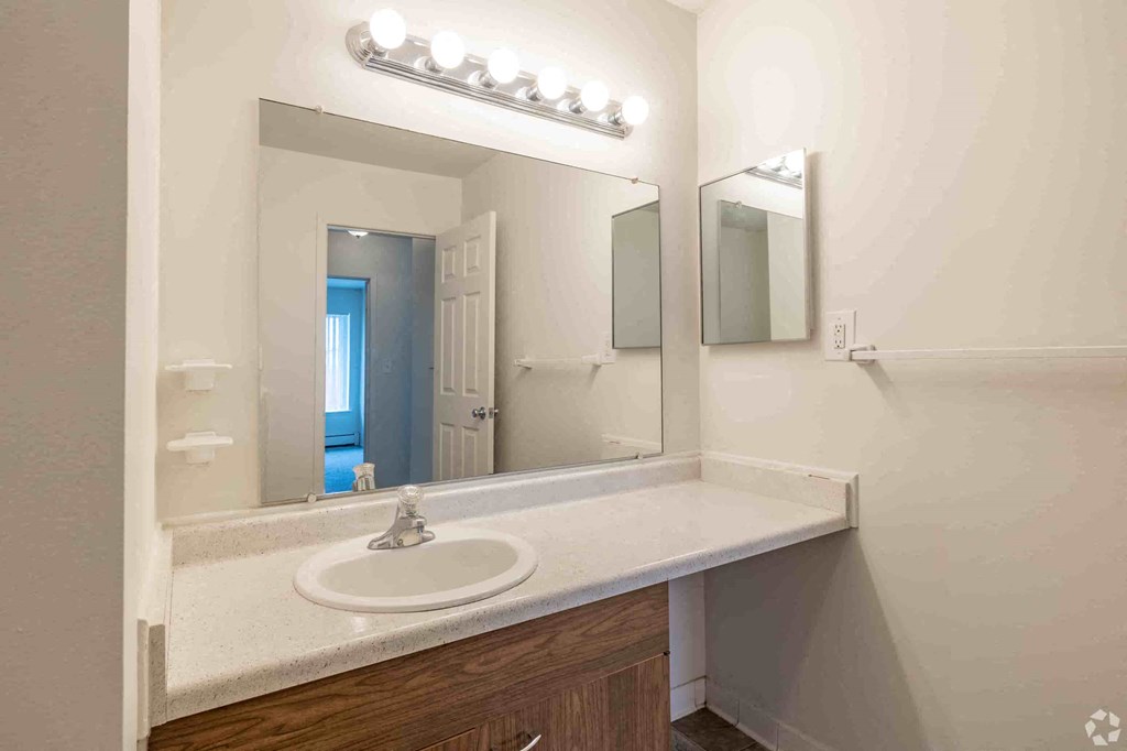 a bathroom with a sink and a mirror