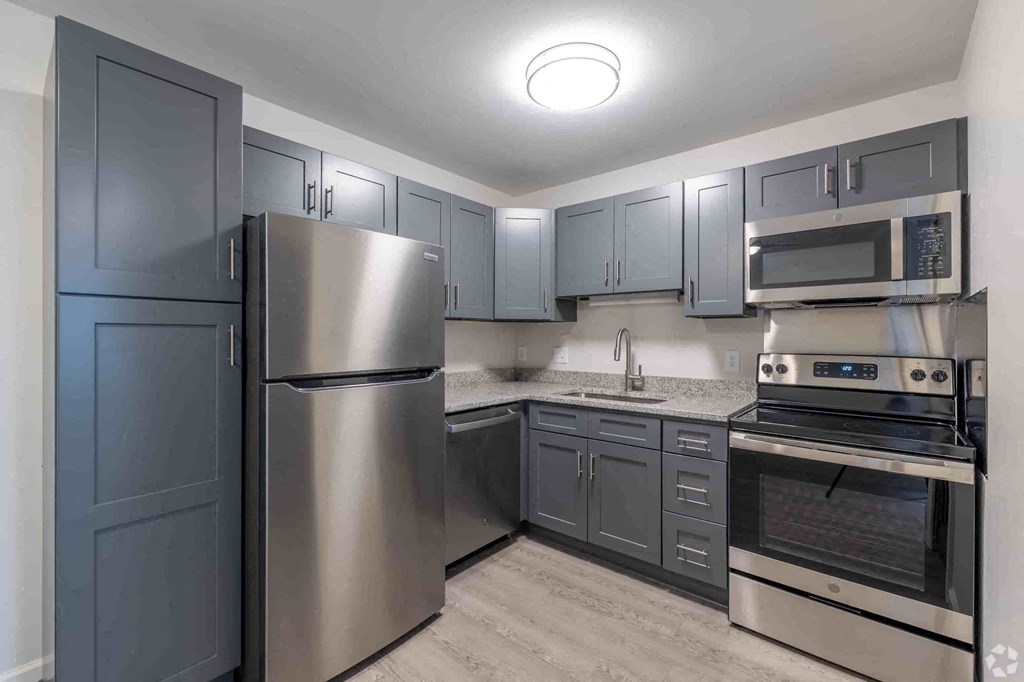 a kitchen with stainless steel appliances and blue cabinets