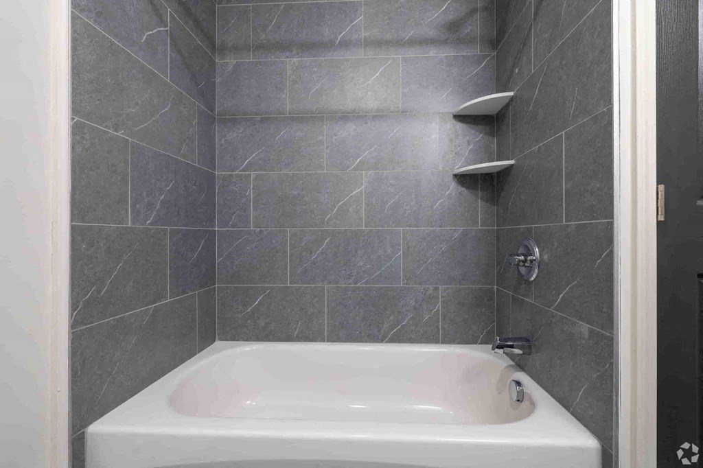 a bathroom with a shower and a bath tub