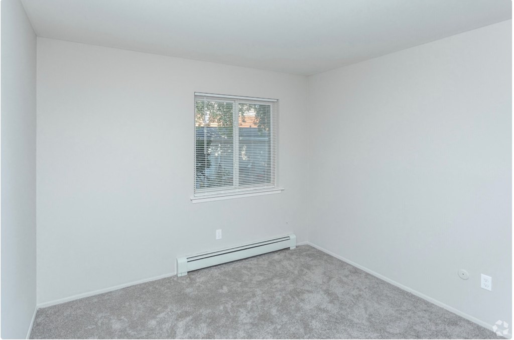 a bedroom with white walls and carpet and a window