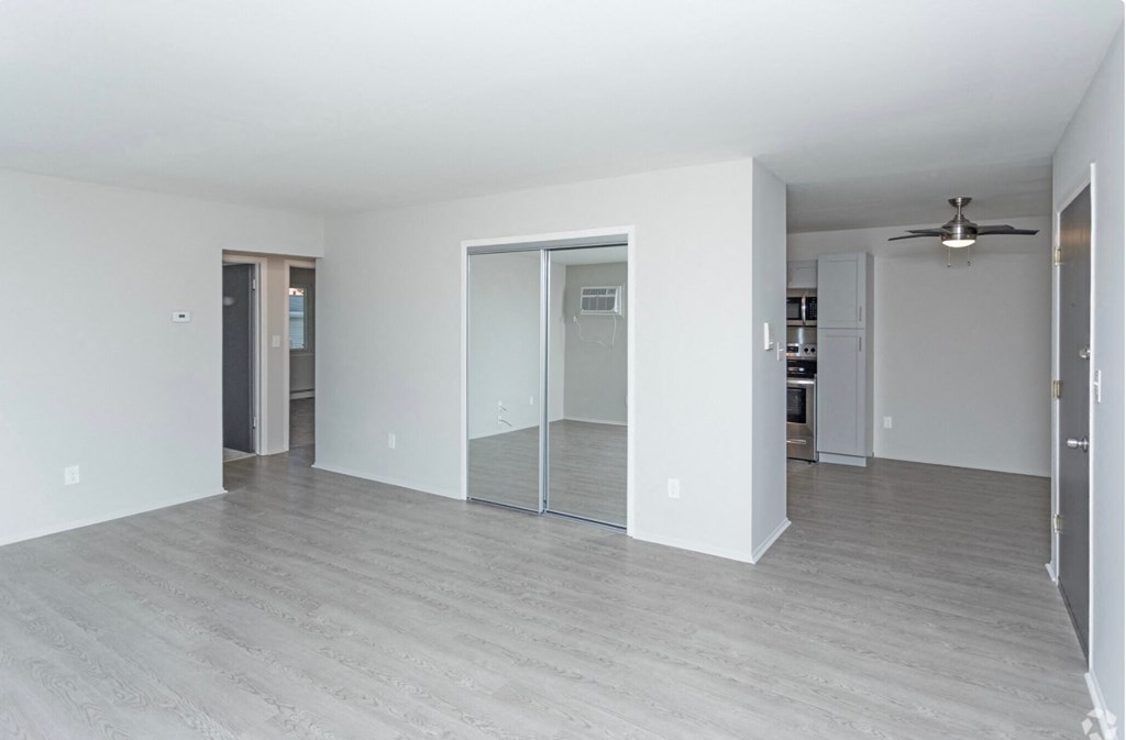 an empty living room with white walls and a mirrored closet