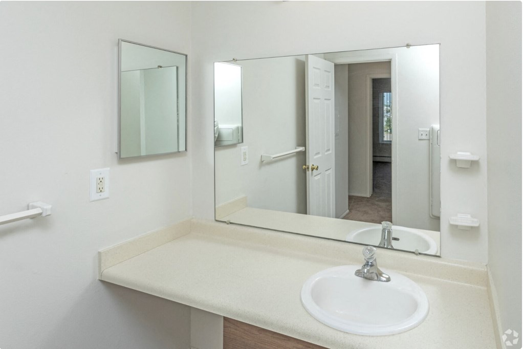 a bathroom with a sink and a mirror