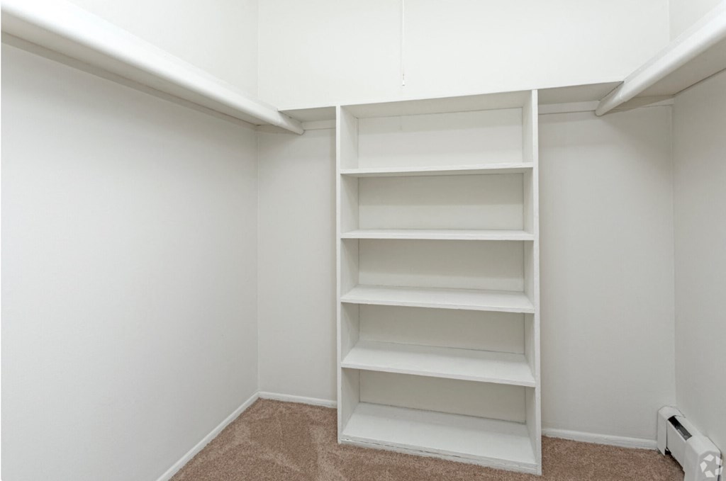 a closet in a small room with empty shelves