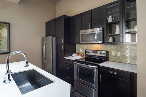 A modern kitchen with black cabinets and stainless steel appliances.