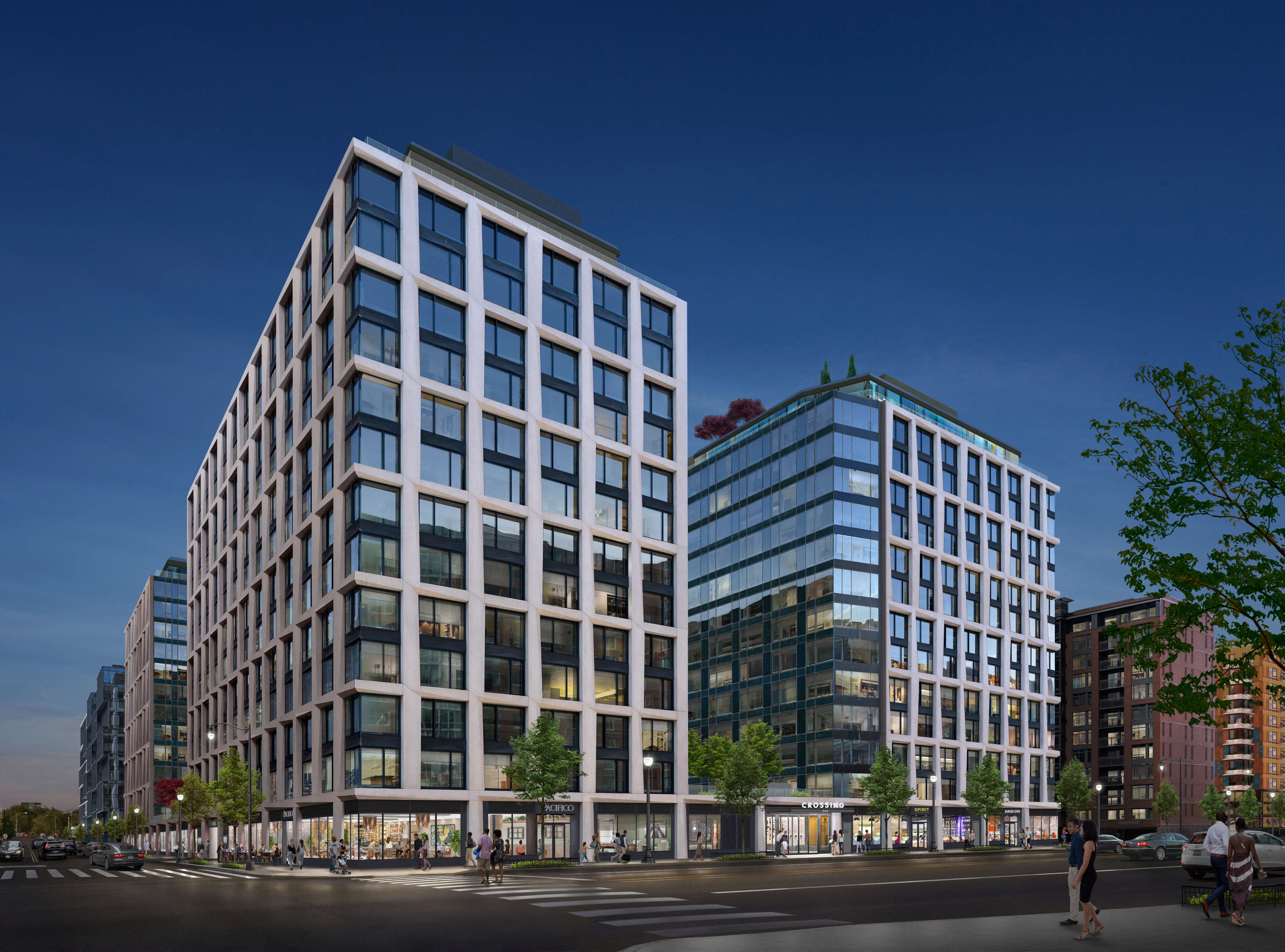 Exterior of building, two towers and blue sky
