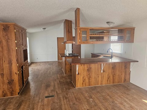 A kitchen with wooden cabinets and a countertop.