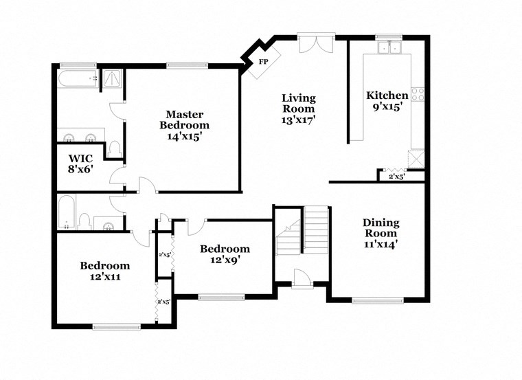 a floor plan of a house with an open floor plan with bedrooms and a kitchen