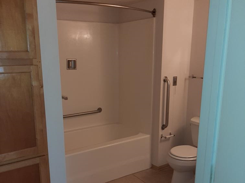 a bathroom with a toilet and a bath tub