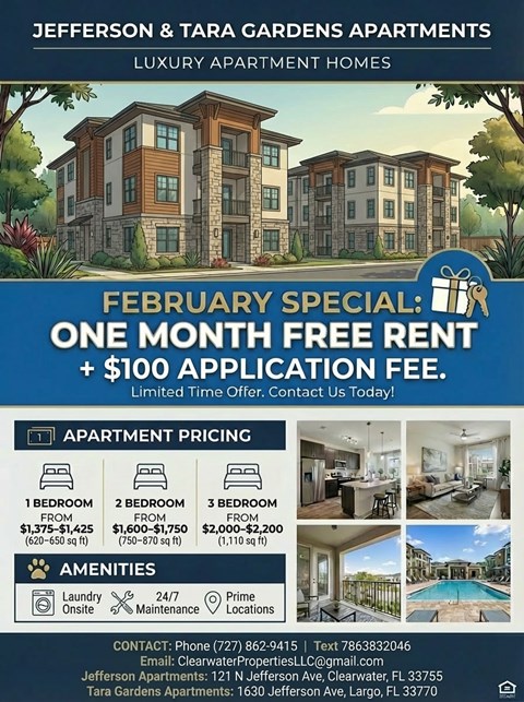 An advertisement for Jefferson & Tara Gardens Apartments offering a special February promotion.