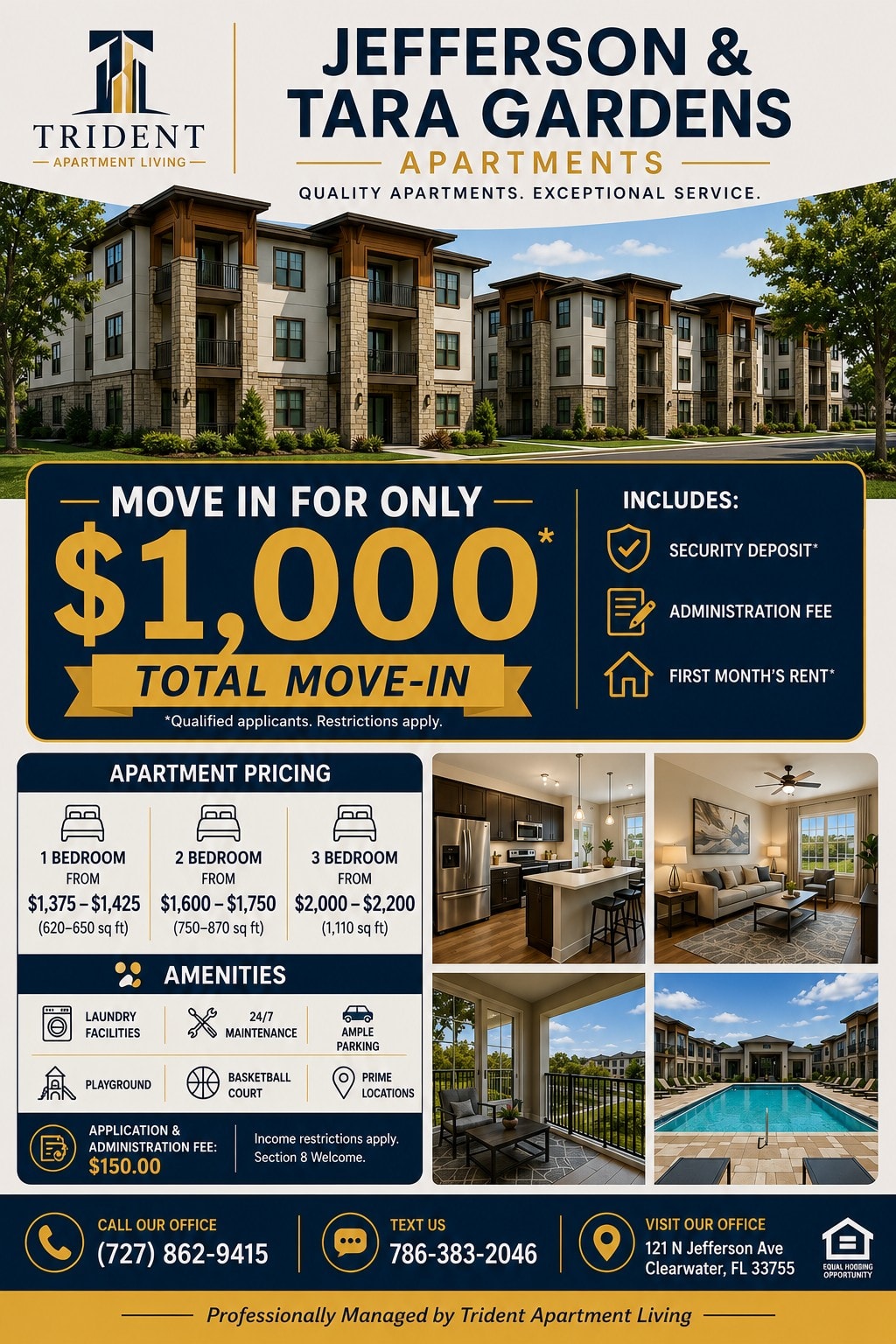 A promotional poster for Jefferson & Tara Gardens apartments offering a $1,000 total move-in value.