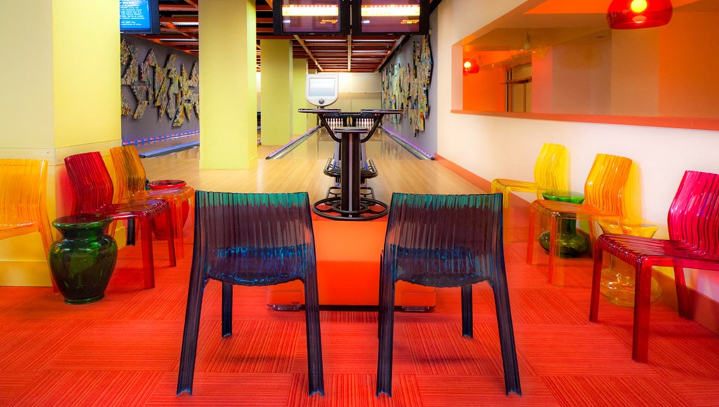 Bowling alley with tables and chairs