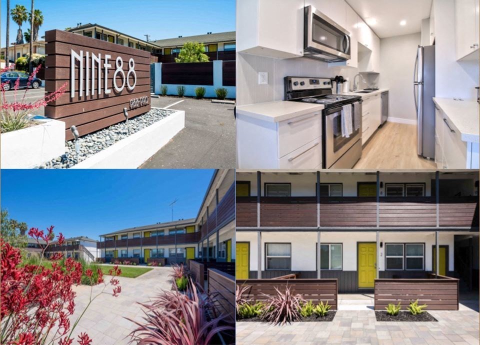 four pictures of the same building with different apartments and kitchens