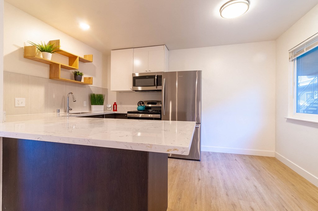 a kitchen with stainless steel appliances and a marble counter top