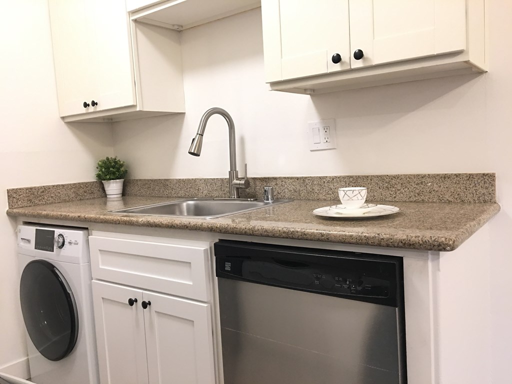 a kitchen with a sink and a washing machine and a dishwasher