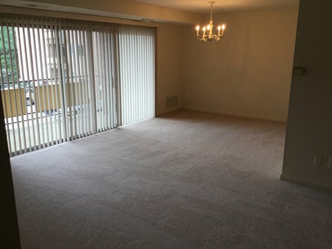 A room with a carpeted floor, a chandelier, and a sliding glass door.