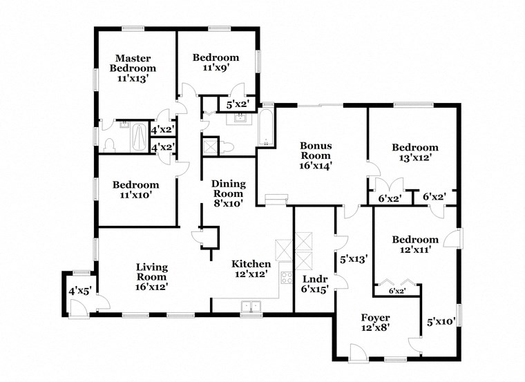 floor plan of the first floor of a house with bedrooms and baths