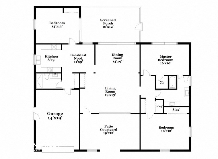 a floor plan of a house with three bedrooms and two baths and a garage