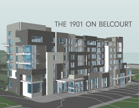 A modern building complex called The 1901 on Belcourt is depicted in the image.