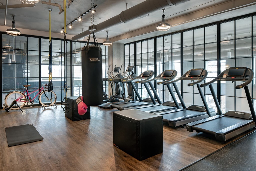 A gym with treadmills, a punching bag, and exercise equipment.