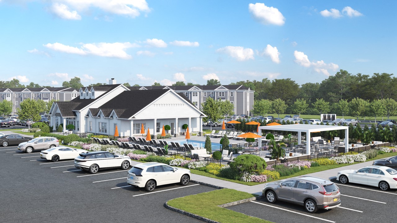 a rendering of a parking lot with cars in front of a resort