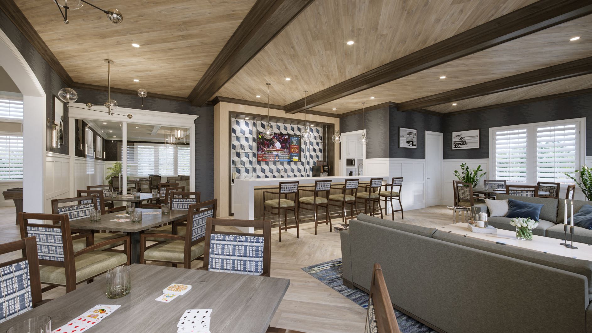 a dining room and living room with tables and chairs