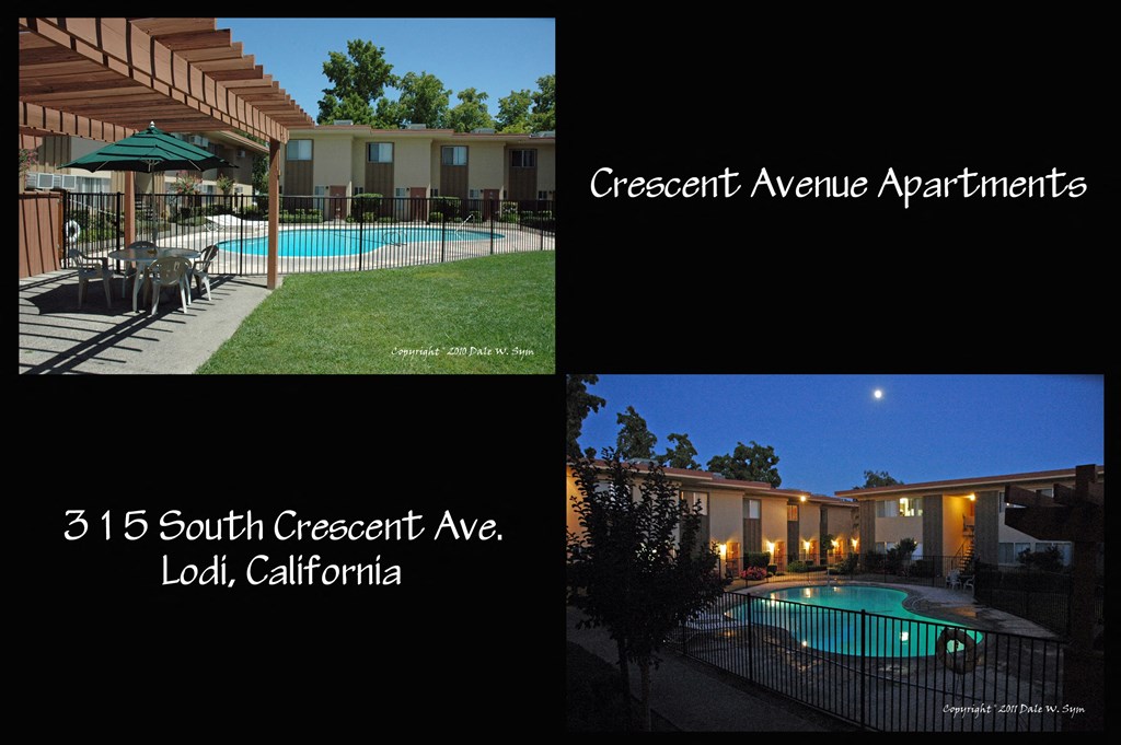 a composite of two pictures of a pool at night and a hotel with a pool