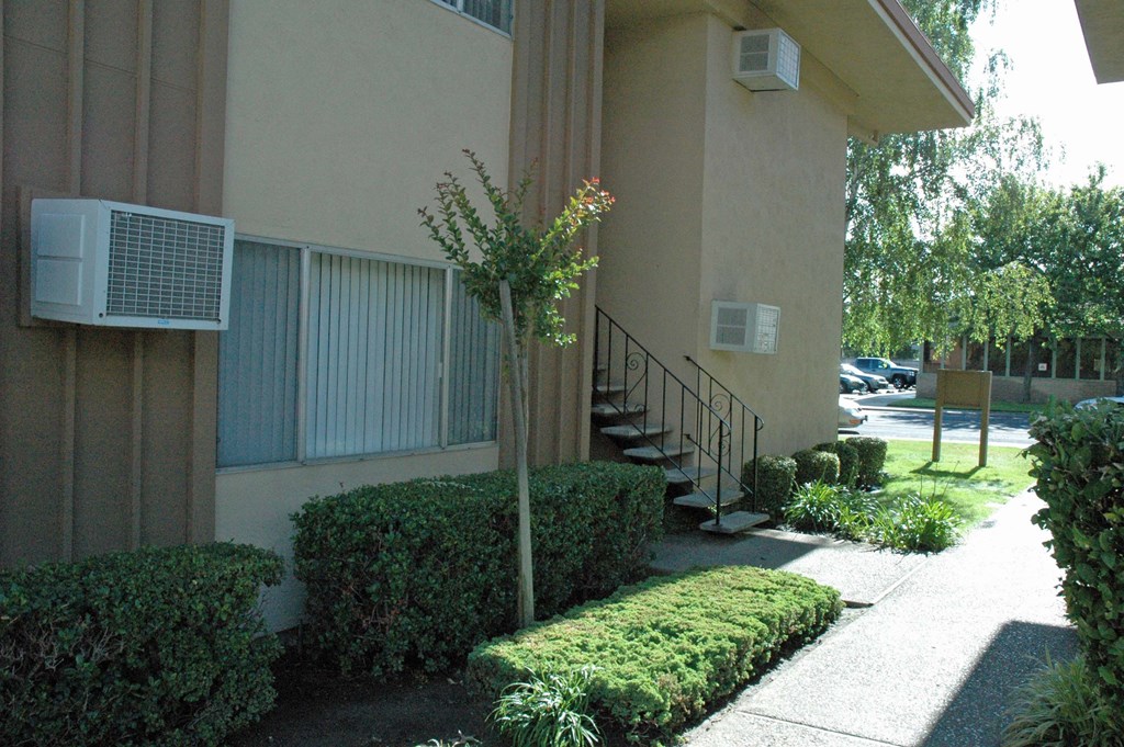 a building with a staircase and a tree in front of it