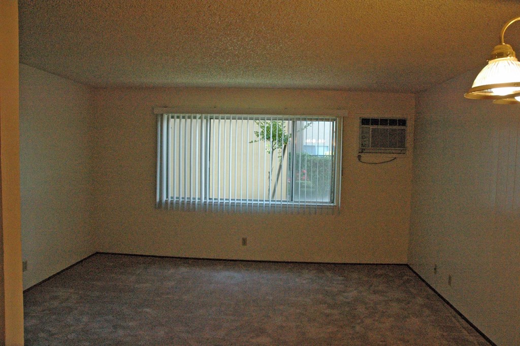 a living room with a window and a carpeted floor