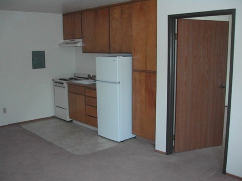 a kitchen with a refrigerator and a stove and a door
