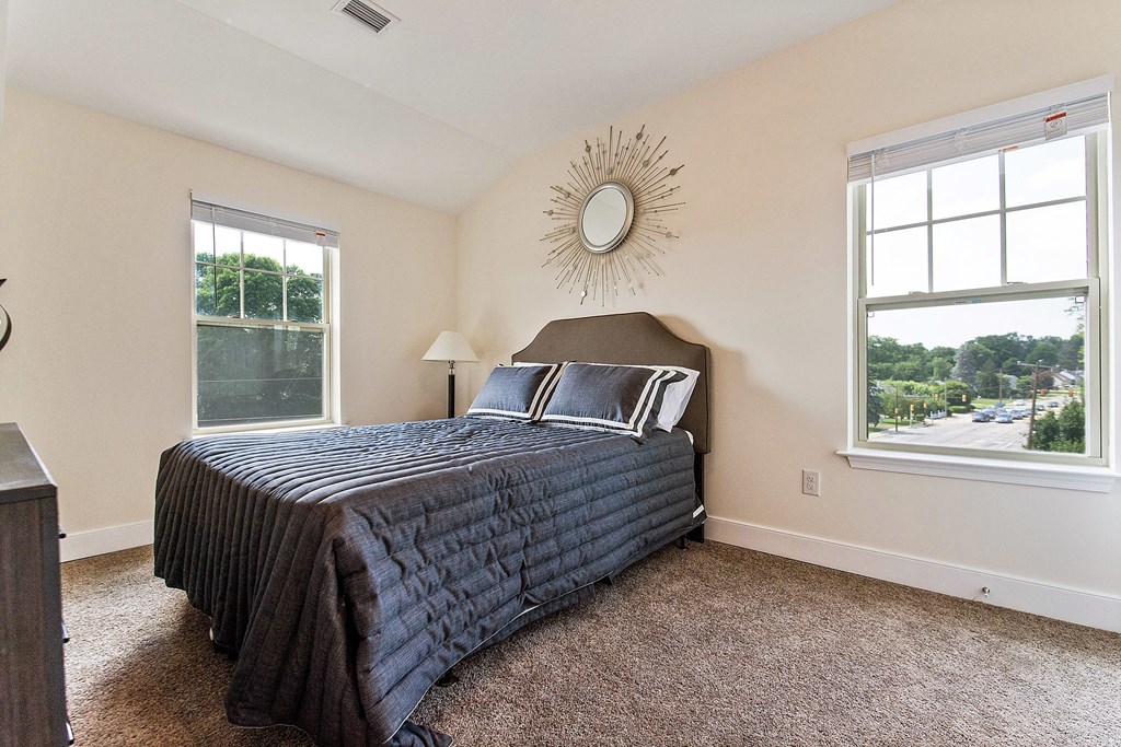 a bedroom with a bed and two windows