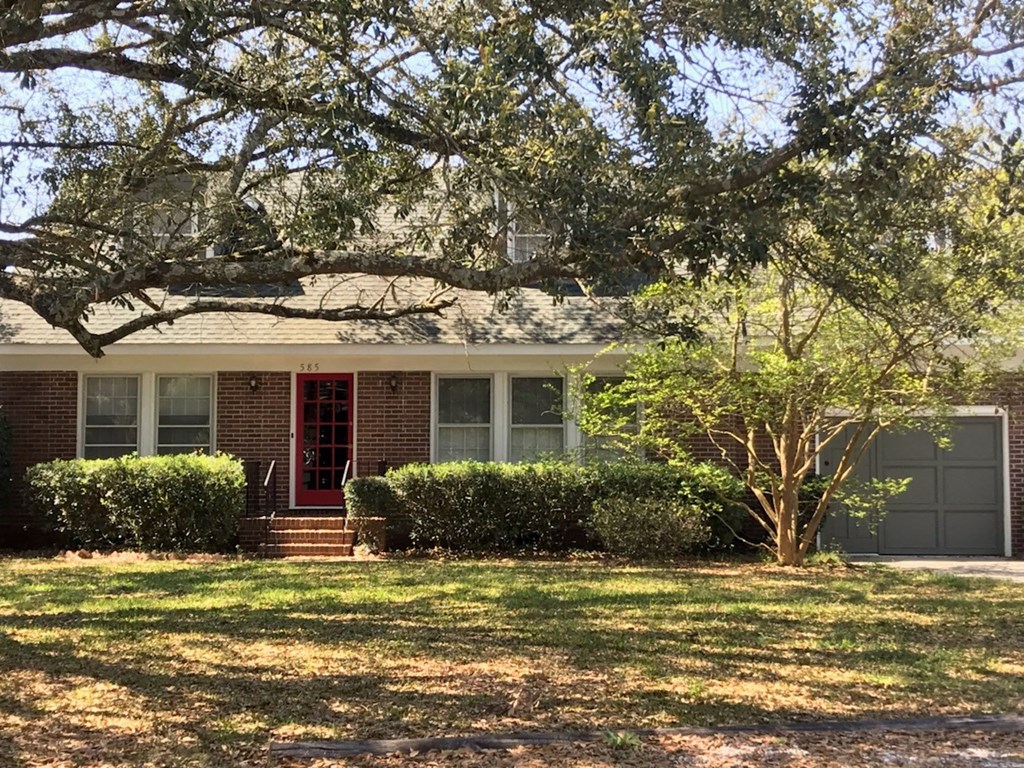 A house with a red door and a tree in front.