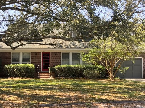 A house with a red door and a tree in front.