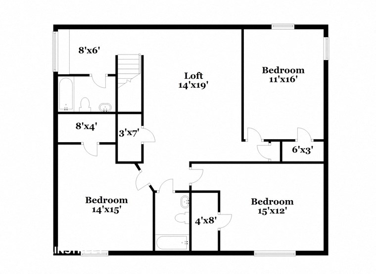 a floor plan of a house with an open floor plan with bedrooms and a bathroom