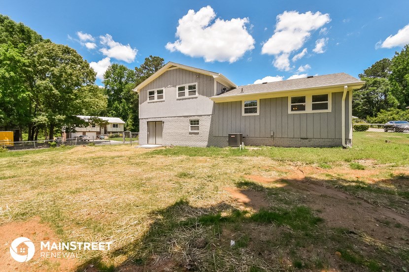 a view of the back of a house and a yard