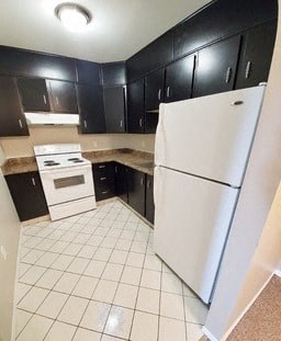 a kitchen with black cabinets and a white refrigerator