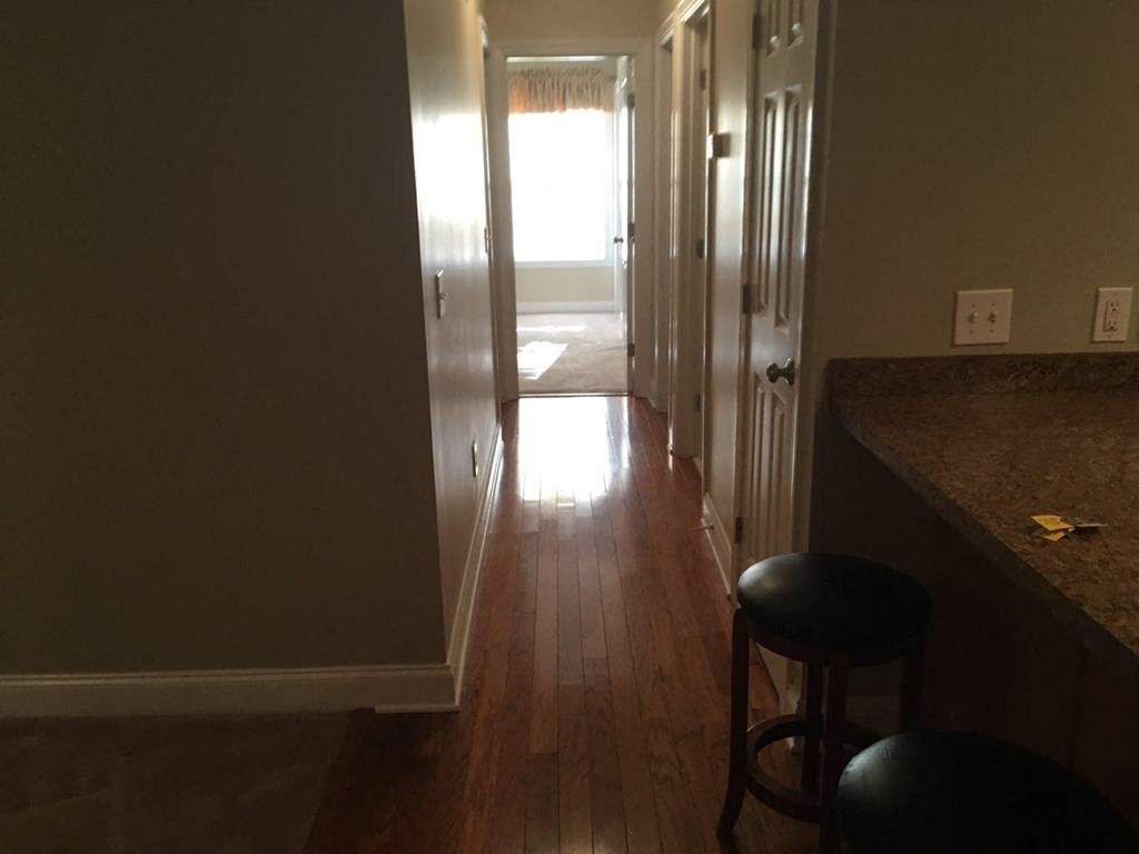A hallway with a bar on the right and a door on the left.