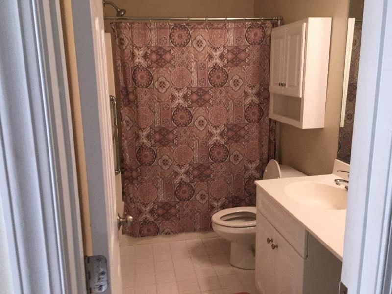 A bathroom with a toilet, sink, and shower curtain.