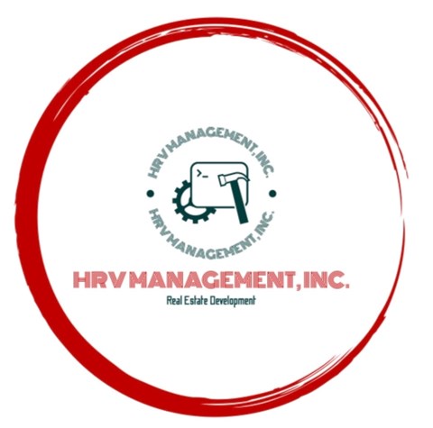 A logo for HRV Management, Inc. depicting a piggy bank with a hammer and a wrench.