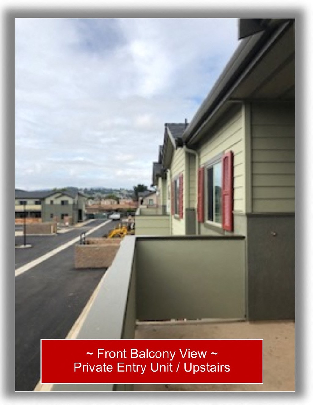 a front balcony view of a private entry unit upstairs of a building