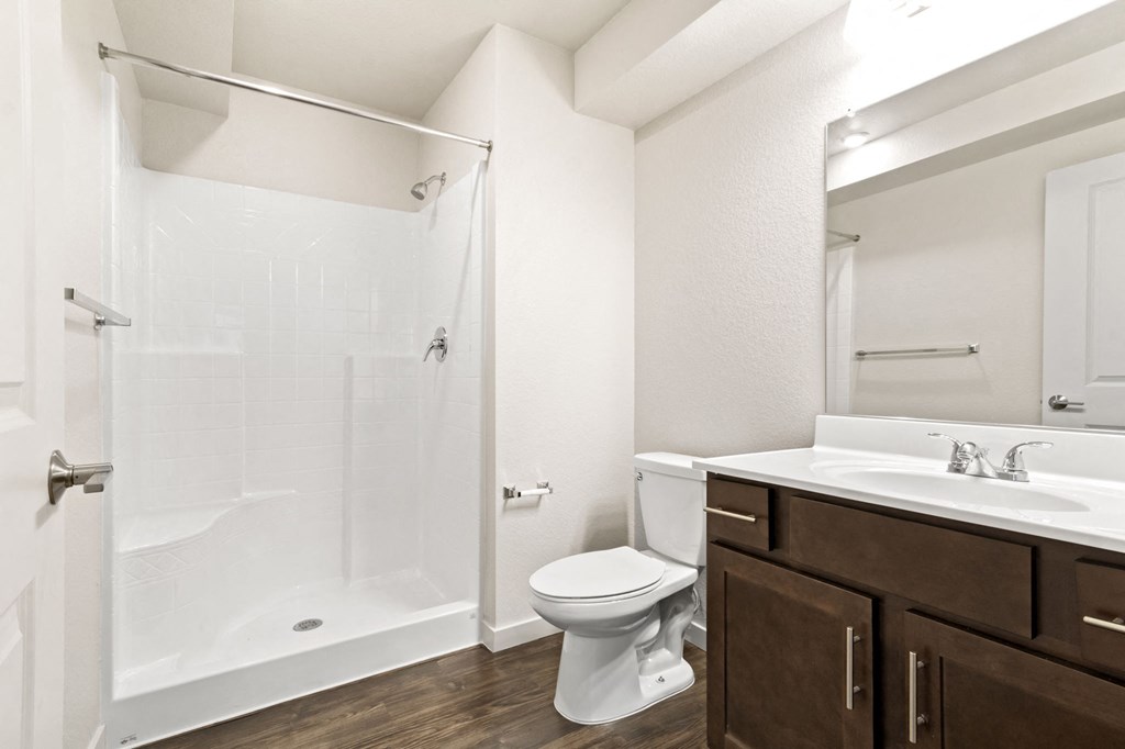 a bathroom with a shower toilet and sink