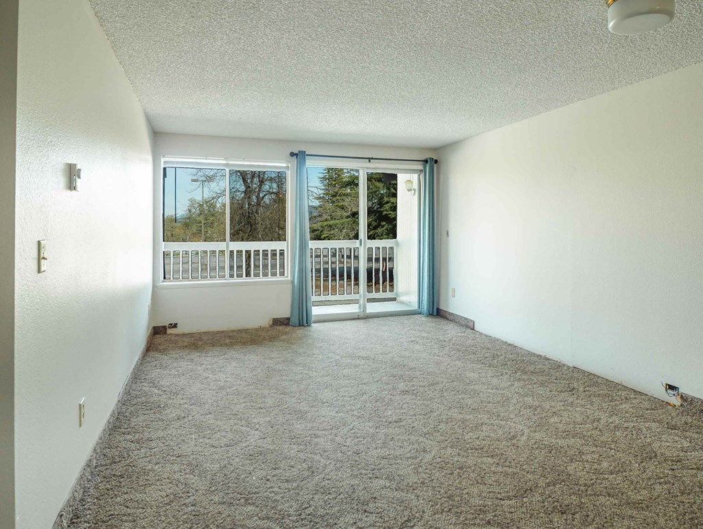 an empty living room with a balcony and a carpeted floor