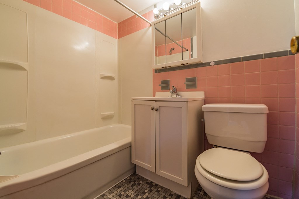 a bathroom with a toilet and a tub and a sink