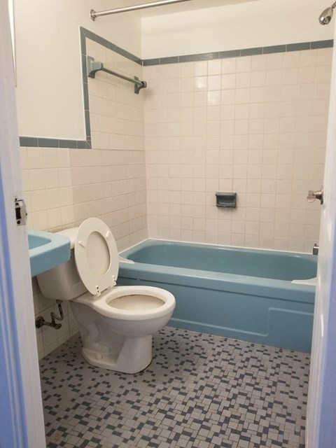 a bathroom with a toilet and a blue bath tub