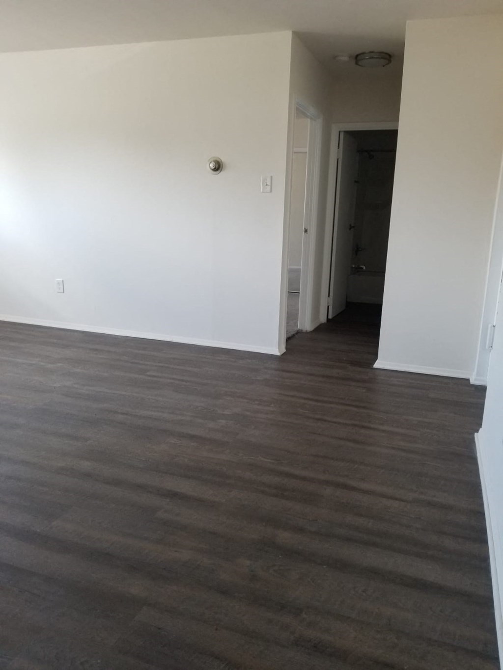 an empty living room with white walls and wood floors
