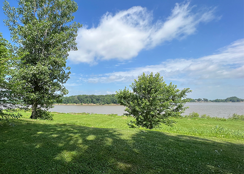 Scenic riverside view with lush green grass, tall trees, and a blue sky dotted with clouds on a sunny day.